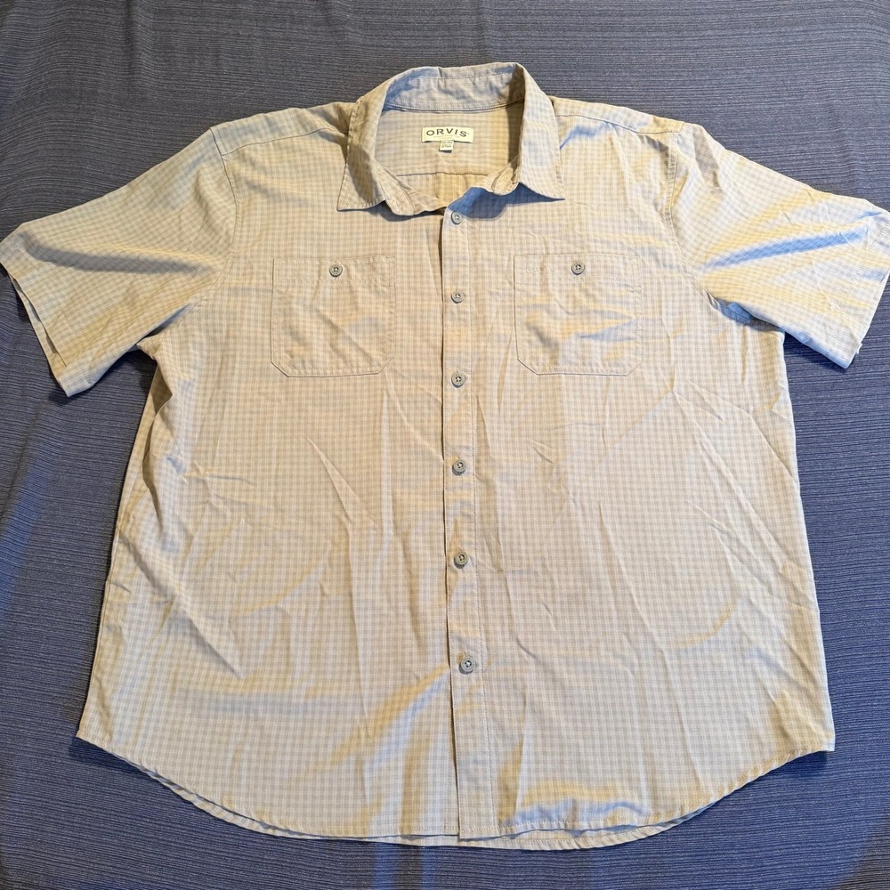 Orvis Men XXL Grey Plaid Short Sleeve Button Down Shirt Polyester Outdoor Pocket